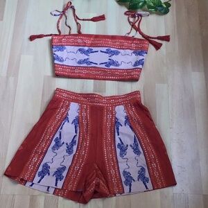 Anthro Caroline Constas Tiger Linen 2 Piece Set Shorts Crop Top